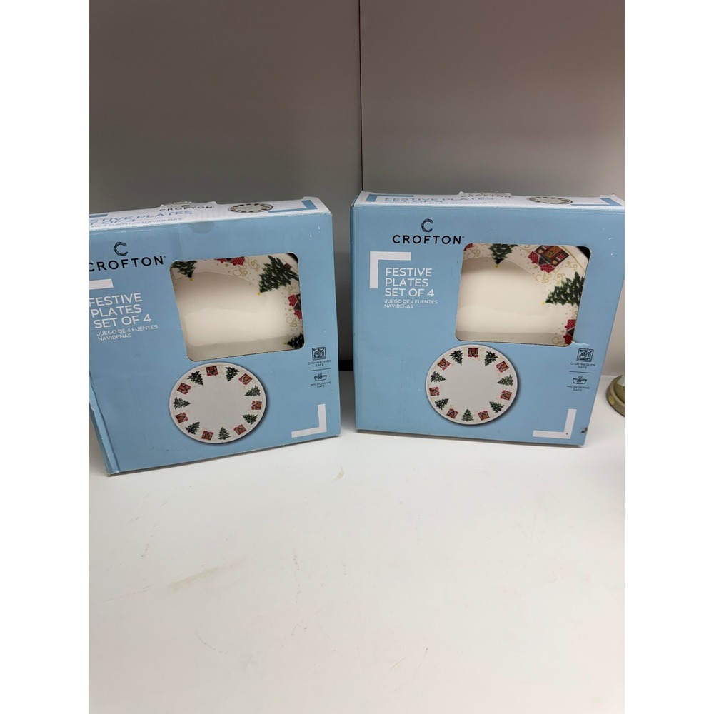 Crofton Festive Plates 2 Sets of 4 Christmas Stoneware Tree Cottage White 8.46in